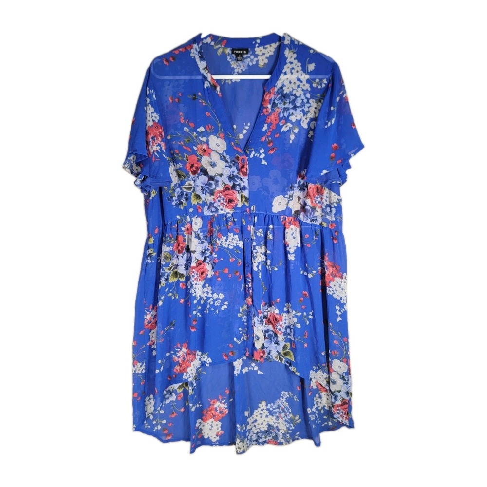 Torrid Tunic Top 1 1X Royal Blue Floral Sheer Chiffon High Low Babydoll Boho